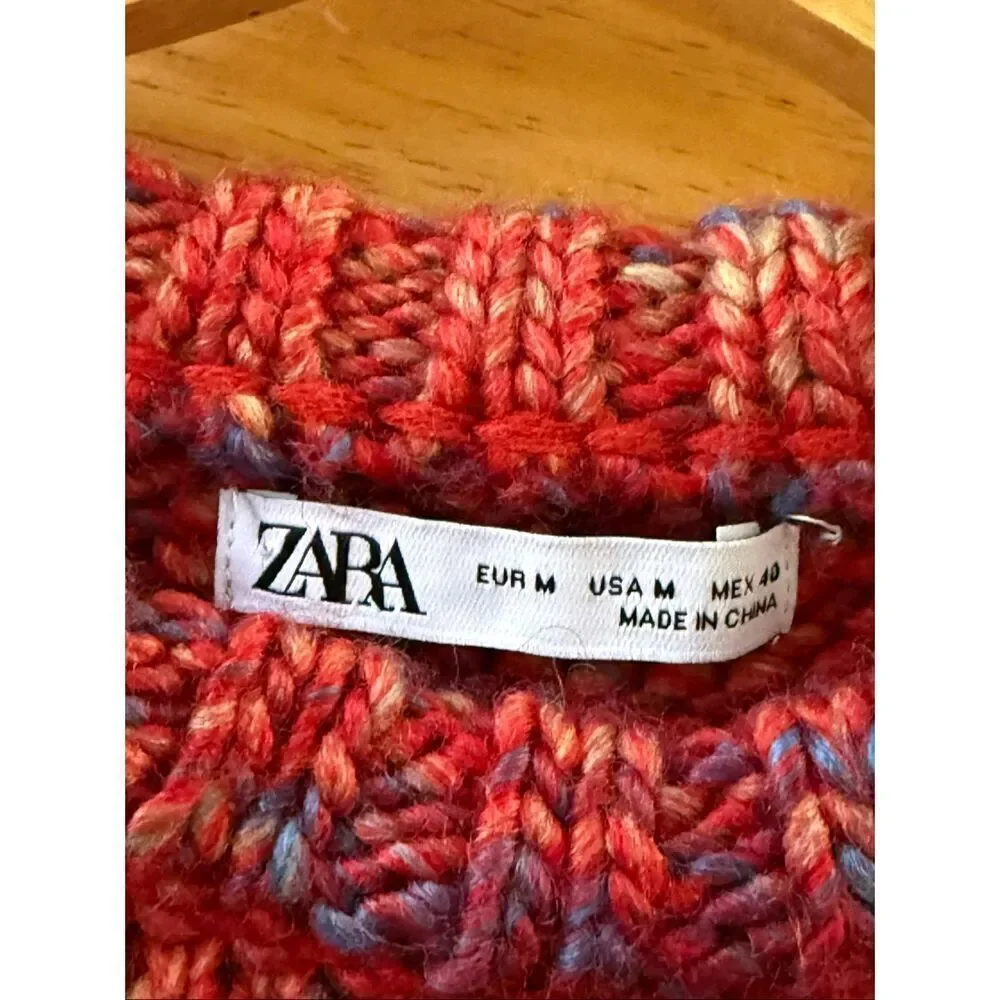 Zara Oversized Chunky Knit Pullover – Red Multi (Marled) – Size M